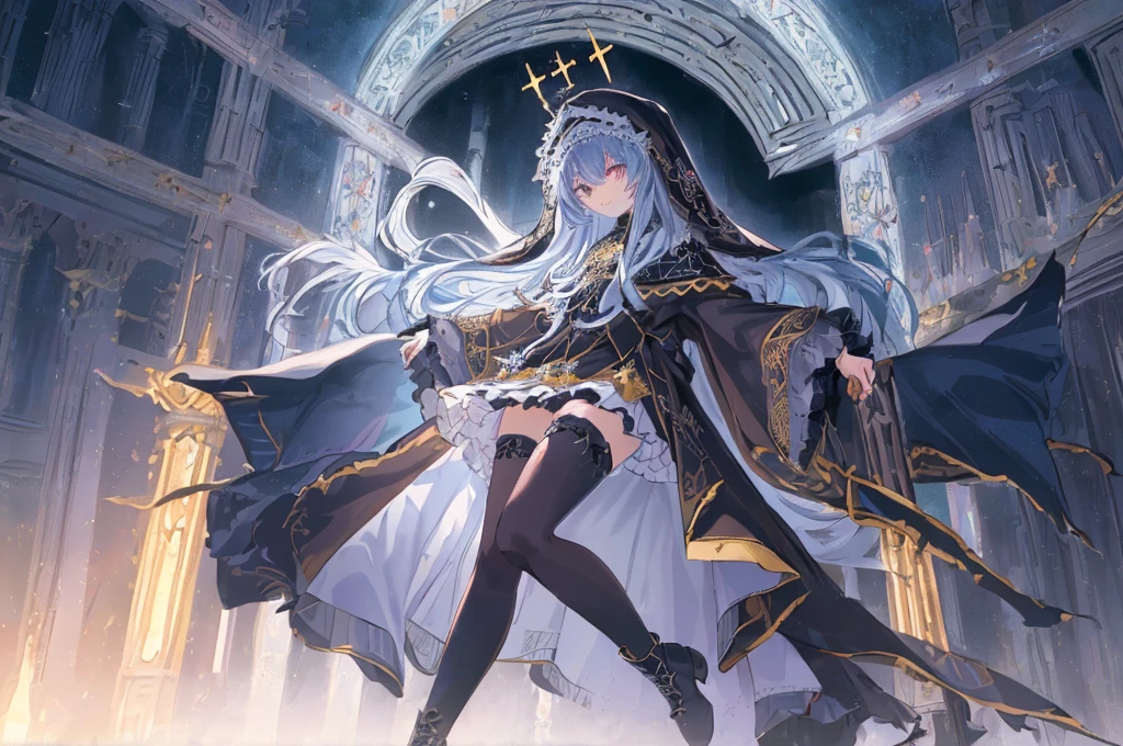 [(cathedral background:1.4)::5],Original,(Illustration:1.1),(Best Quality),(masutepiece:1.1),(the Extremely Detailed CG Unity 8K Wallpapers:1.1), (Colorful:0.9),(mid-shot:0.95),(Full body:1.5),Dynamic Angle,(Solo:1.2), (girl),(((Adult))), (Detailed beautiful eyes:1.15), (Beautiful face:1.15), (Glowing black eyes:1.25////),(Blue Long Hair),(nun headdress),(+perfect hand+:1.21),(Draw an illustration of a Holy Knight Wizard),(Religious),(slender),(she has boots on her feet),((I'm wearing black knee-high socks)),Smile,(Ruffled miniskirt with metal embellishments),beautiful slender adult,((theater background)),dynamic pose,dynamic angle,