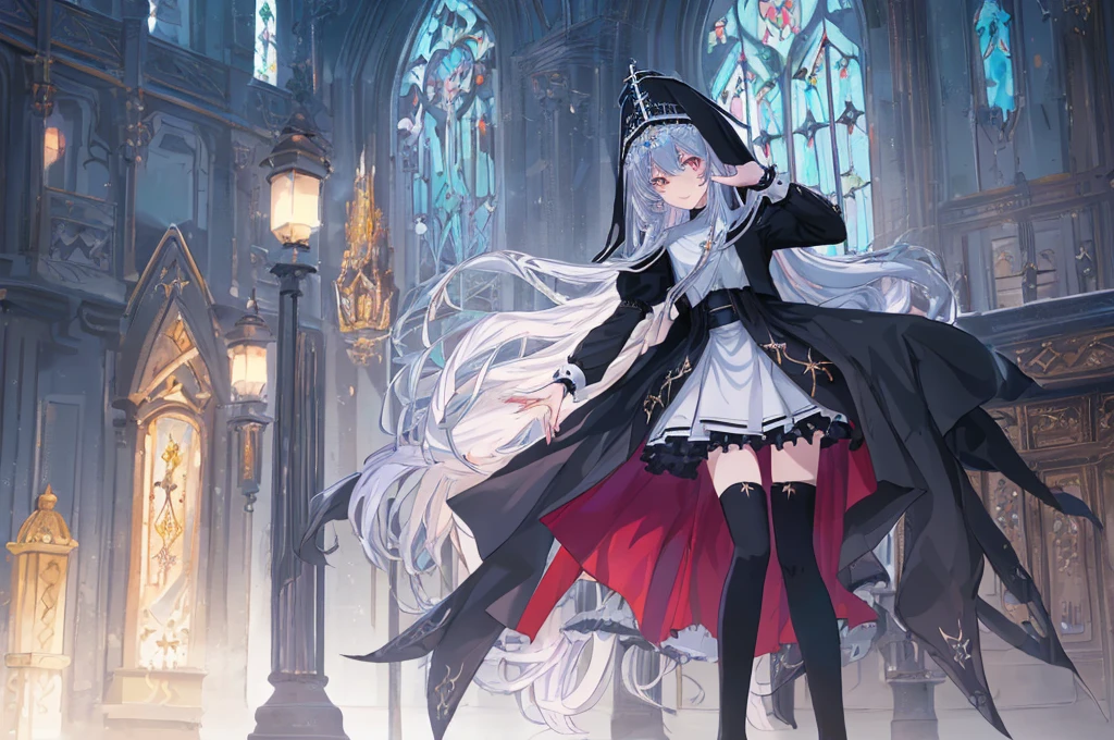 [(cathedral background:1.4)::5],Original,(Illustration:1.1),(Best Quality),(masutepiece:1.1),(the Extremely Detailed CG Unity 8K Wallpapers:1.1), (Colorful:0.9),(mid-shot:0.95),(Full body:1.5),Dynamic Angle,(Solo:1.2), (girl),(((Adult))), (Detailed beautiful eyes:1.15), (Beautiful face:1.15), (Glowing black eyes:1.25////),(Blue Long Hair),(nun headdress),(+perfect hand+:1.21),(Draw an illustration of a Holy Knight Wizard),(Religious),(slender),(she has boots on her feet),((I'm wearing black knee-high socks)),Smile,(Ruffled miniskirt with metal embellishments),beautiful slender adult,((theater background)),dynamic pose,dynamic angle,