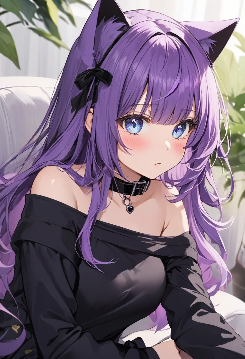 1girl, Blue eyes, Long Hair, Bangs, Purple Hair, Breasts, Blush, black collar, cat ears, purple cat tailc, black clothes