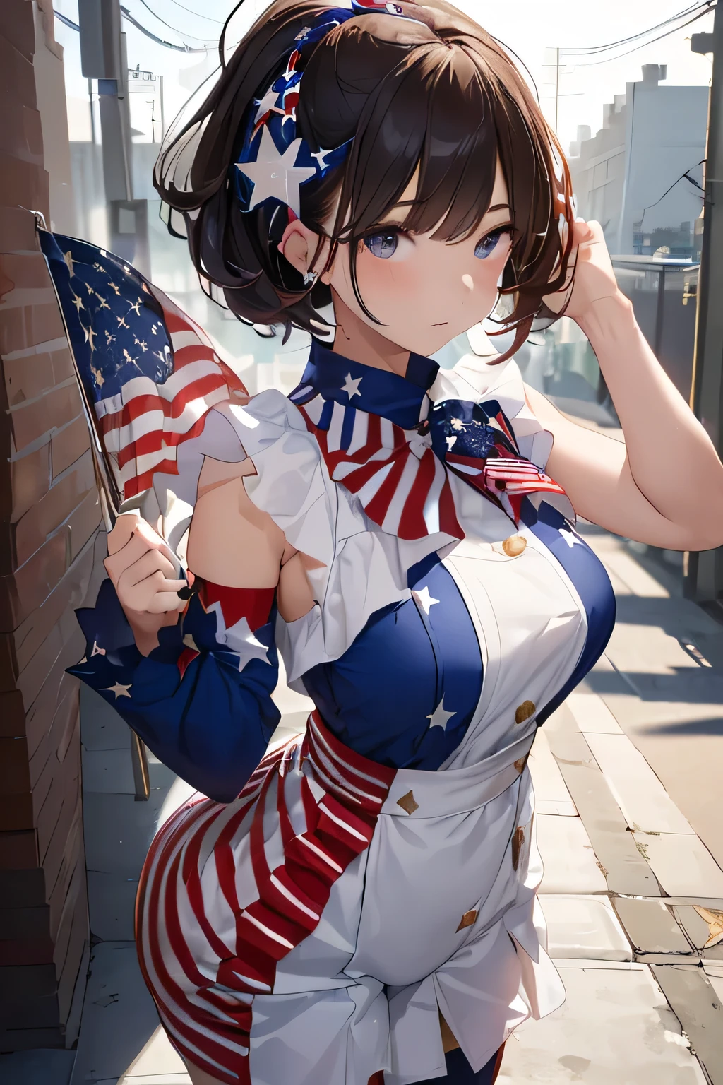 (((Costume inspired by the American flag:1.3))),(((Woman in men's clothing:1.3))),(Stars and es),(masterpiece,Highest quality,Ultra-high resolution output images,Write boundary depth,Intricate details,Adding dimension to your subject with the contrast of light and shadow,Anatomically correct faciacture),(Picture Mode Ultra HD,)