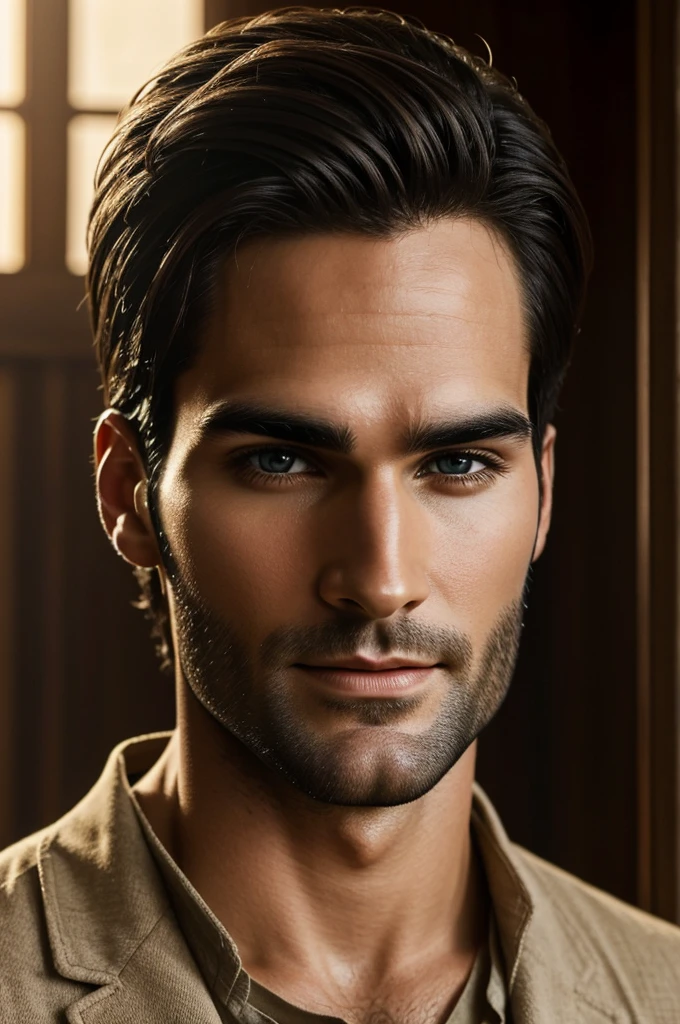 Cinematic soft lighting illuminates a beautiful amish male, Taylir Hoechlin, with stunning, ultra-realistic details,Detailed face and expression,ojos suaves,Sonrisa sutil, Classic portrait style,warm color tones,Soft, uniform lighting,Ropa detallada,Quiet and peaceful atmosphere. Retrato en primer plano de foto gran angular del cuerpo de un hombre guapo,