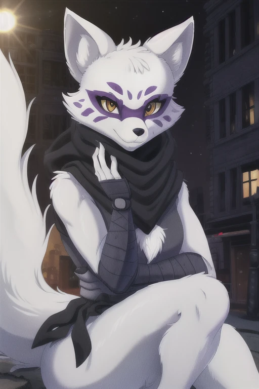 Alopex, arctic fox, furry character, purple marks face, tmnt, smile, orange eyes, girl1, solo, city, ninja outfit, black bandage, best quality, masterpiece, 