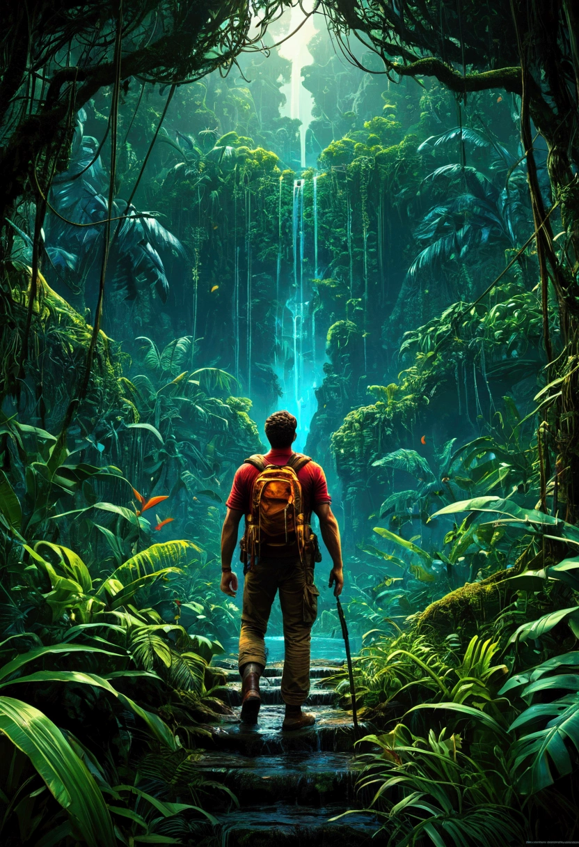 Jungle Adventure, full body, by Vladyslav Yerko, cinematic still, (best quality, masterpiece), very aesthetic, perfect composition, intricate details, ultra-detailed, vivid colors