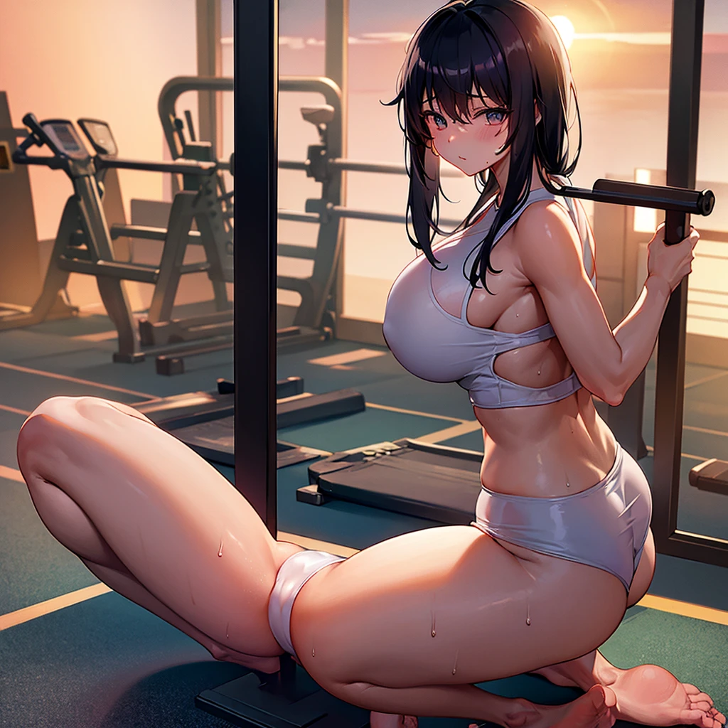 Sunset reflection fitness gym yoga mat、full of sweat、big breasts Plump、long black hair、Completely naked、squat、spread legs、back