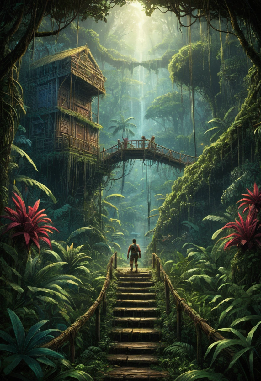 Jungle Adventure, full body, by Vladyslav Yerko, cinematic still, (best quality, masterpiece), very aesthetic, perfect composition, intricate details, ultra-detailed, vivid colors