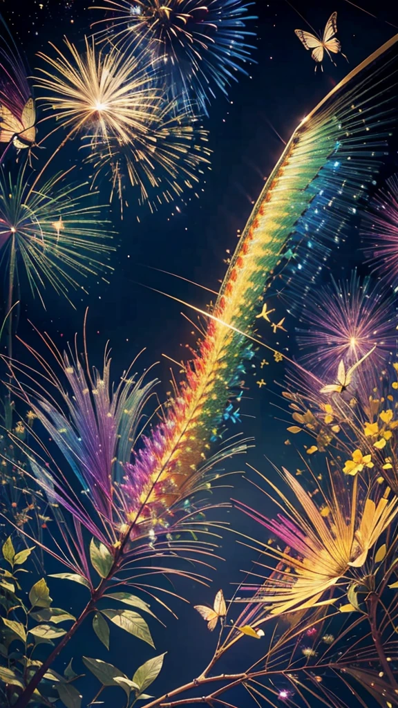 Swallowtail butterfly、Surrounded by butterflieysterious Landscape、firework、firework大会、Rainbow colorsのfireworkが打ちあがっている瞬間、夜nullとともに、サイバーパンクな景色で壮大なfirework、future都市、Highest quality、masterpiece, (Diffuse reflection of light:1.2), When the fantastic rainbow turns into shadow, bathed in a mystical atmosphere.Swallowtail butterflyたちも見ています, Cast magic spells. evoke a sense of wonder and awe. A fusion of natural grandeur and magic, Weaving dreams into reality. Behold, null, And the unknown, Fleeting、And an eternal moment, 16K, Ultra-high resolution.Realistic, Ultra-high resolution, to be born,future、Rainbow colorsに光り輝く、Rainbow colors、The world 30 years from now。