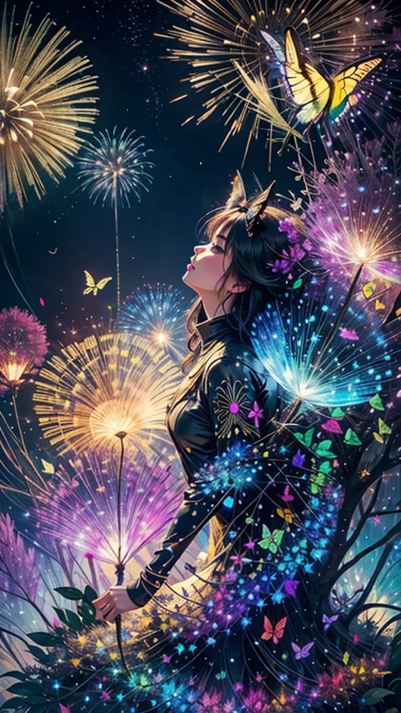 Swallowtail butterfly、Surrounded by butterflieysterious Landscape、firework、firework大会、Rainbow colorsのfireworkが打ちあがっている瞬間、夜nullとともに、サイバーパンクな景色で壮大なfirework、future都市、Highest quality、masterpiece, (Diffuse reflection of light:1.2), When the fantastic rainbow turns into shadow, bathed in a mystical atmosphere.Swallowtail butterflyたちも見ています, Cast magic spells. evoke a sense of wonder and awe. A fusion of natural grandeur and magic, Weaving dreams into reality. Behold, null, And the unknown, Fleeting、And an eternal moment, 16K, Ultra-high resolution.Realistic, Ultra-high resolution, to be born,future、Rainbow colorsに光り輝く、Rainbow colors、The world 30 years from now。