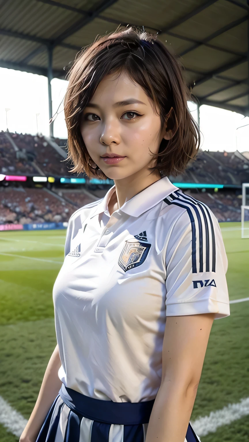 (((2 girls:1.5))、Two women standing close together in a stadium、Two Boyish Women、Football Supporters、17-year-old girls、Group photo of a group of soccer fans、Wearing a uniform)、(Realistic、Like a photograph、Live Action、8k, Realistic, RAW Photos, Best image quality: 1.4), Single-lens reflex camera、RAW Photos, Highest quality, Realistic, Highly detailed CG Unity 8k wallpaper, Written boundary depth, Cinematic Light, Lens flare, Ray Tracing, Realistic background、((The upper body is a soccer uniform:1.2、The lower half is a flared mini skirt:1.4)、Big Breasts)、((Silver Inner Color Hair:1.1))、Cute Japanese Gals、((whole body:1.5))、(short hair:1.2)、I like that style、stylish、Very detailed、Pay attention to the details、Perfect outfit、(White skin)、Beautiful feet:1.1、View from above、Accurate Arm、Super detailed face