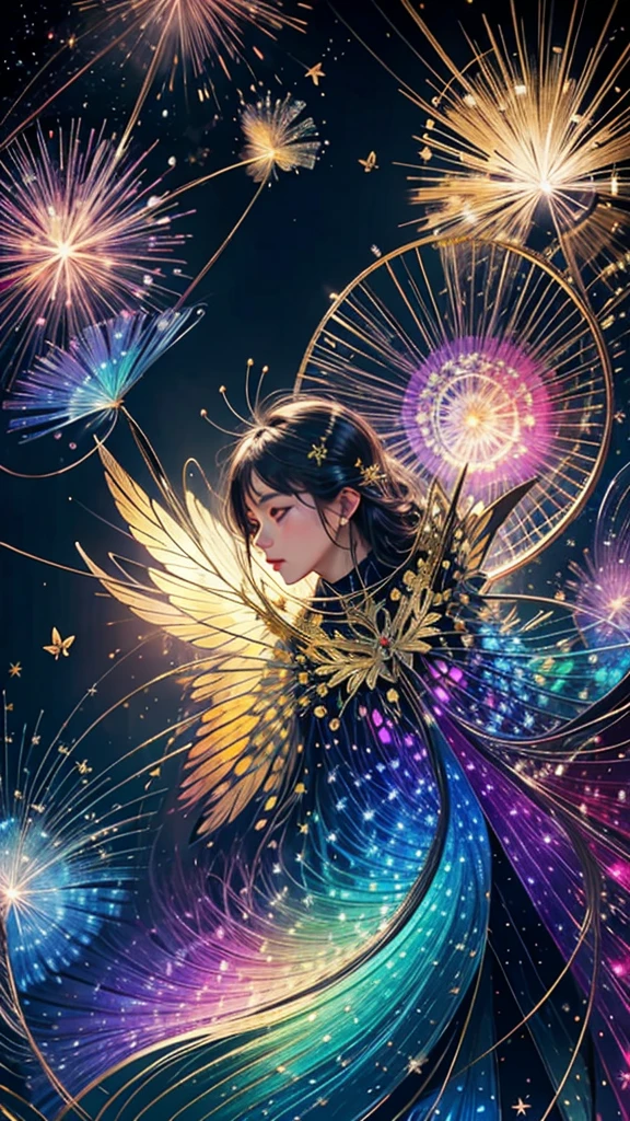 Swallowtail butterfly、Surrounded by butterflieysterious Landscape、firework、firework大会、Rainbow colorsのfireworkが打ちあがっている瞬間、夜nullとともに、サイバーパンクな景色で壮大なfirework、future都市、Highest quality、masterpiece, (Diffuse reflection of light:1.2), When the fantastic rainbow turns into shadow, bathed in a mystical atmosphere.Swallowtail butterflyたちも見ています, Cast magic spells. evoke a sense of wonder and awe. A fusion of natural grandeur and magic, Weaving dreams into reality. Behold, null, And the unknown, Fleeting、And an eternal moment, 16K, Ultra-high resolution.Realistic, Ultra-high resolution, to be born,future、Rainbow colorsに光り輝く、Rainbow colors、The world 30 years from now。