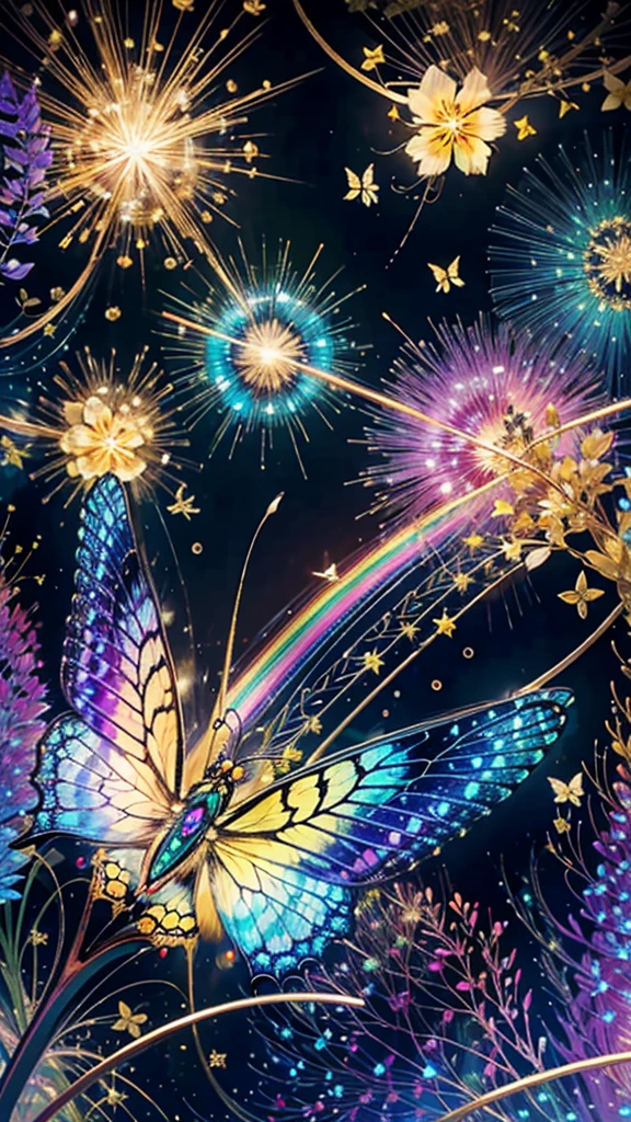 Swallowtail butterfly、Surrounded by butterflieysterious Landscape、firework、firework大会、Rainbow colorsのfireworkが打ちあがっている瞬間、夜nullとともに、サイバーパンクな景色で壮大なfirework、future都市、Highest quality、masterpiece, (Diffuse reflection of light:1.2), When the fantastic rainbow turns into shadow, bathed in a mystical atmosphere.Swallowtail butterflyたちも見ています, Cast magic spells. evoke a sense of wonder and awe. A fusion of natural grandeur and magic, Weaving dreams into reality. Behold, null, And the unknown, Fleeting、And an eternal moment, 16K, Ultra-high resolution.Realistic, Ultra-high resolution, to be born,future、Rainbow colorsに光り輝く、Rainbow colors、The world 30 years from now。