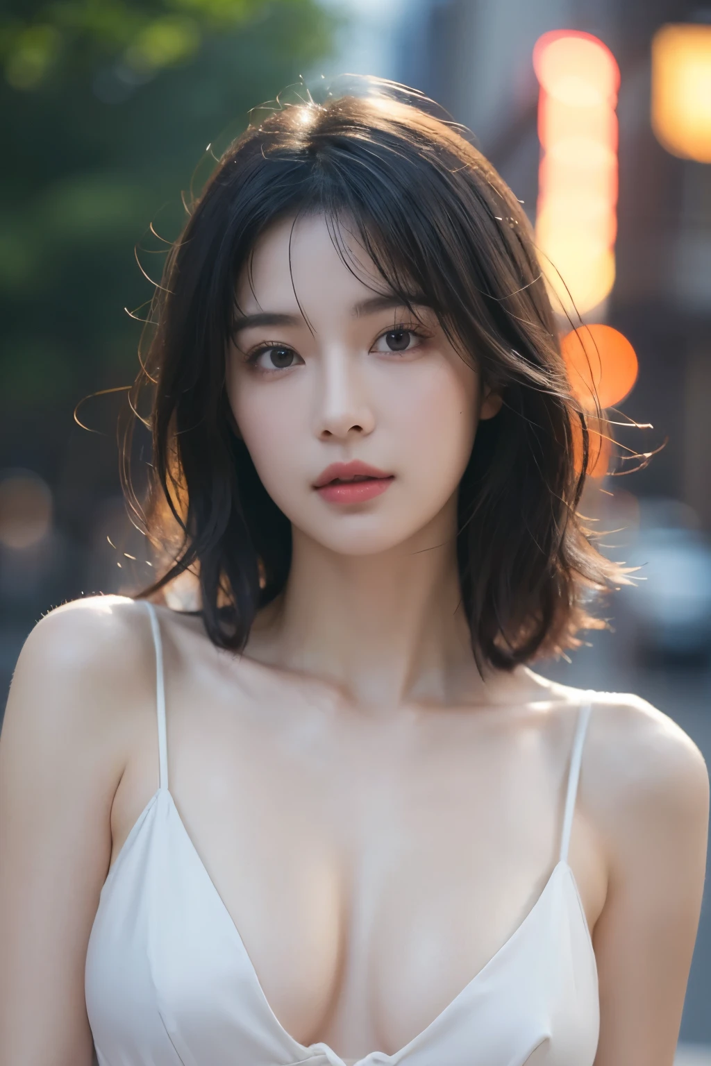 Random Pause, Mix 4, (8k, RAW Photos, Highest quality, masterpiece: 1.45), (Realistic, photoRealistic: 1.37), one girl, , cute, Cityscape, night, rain, Wet, Professional Lighting, Photon Mapping, Radio City, Physically Based Rendering, Gradient black hair, Gray Hair, Short Curly Hair, good looking, girl, Deep V-neck slip dress, Pale skin, Highest quality photos, High resolution, 1080P, (Clear Face), (Detailed face description), (Detailed hand description), (masterpiece), (Exquisite CGI), Extreme light and shadow, Disheveled Hair, masterpiece, Rich details, (Beautiful Face), (Highest quality photos), (masterpiece), (Fine grain), Look in front of you, Thin clavicle, (Large Breasts:1.4),