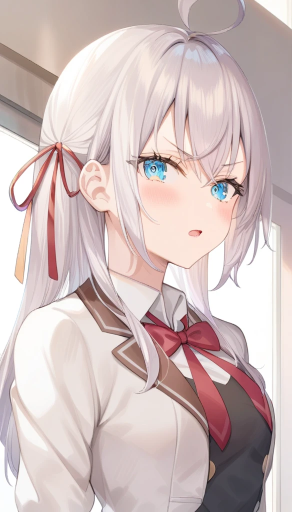 1 girl, feminine focus,Alisa mikhailovna kujou, very aesthetic, absurdities,4klong sleeves, jacket, ceiling, portrait, looking at the viewer, Serious, corridor, open mouth, Best Quality, very aesthetic, absurdities