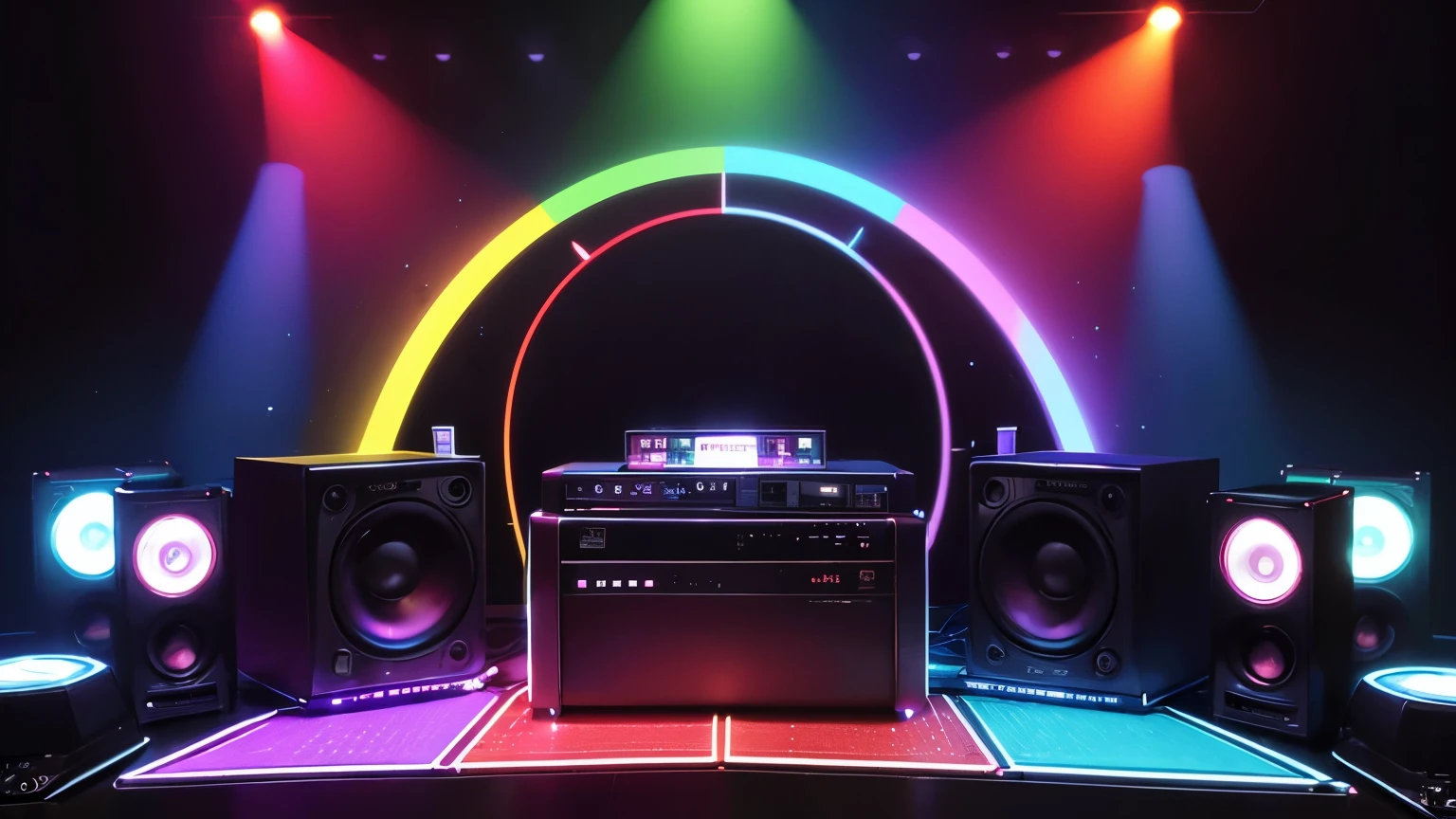 criar um ambiente de disco on 70,80s , eletronic style, stage, lights, power speakers,amplicadores de som,equelizadores, no figures no ambiente, rainbow color lights decoration, unique disco