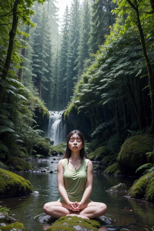 A woman meditating in a moist, green forest