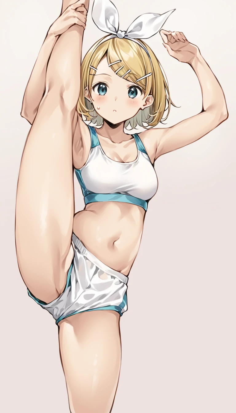 KagamineRin, short hair, hairclip, white hairband, hair bow, sports bra, mini Sweatpants, One girl, standing_split