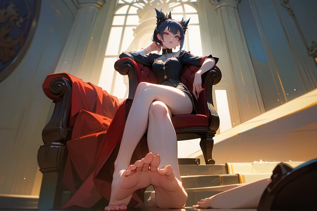 a haughty woman sits on an upholstered armchair, her posture exuding an air of unquestionable superiority. she stretches out one leg, leaving her bare foot for all to see. a look of contempt, like that of a disdainful queen with icy indifference. Her eyes convey a clear message: she reigns at the top of the social hierarchy and demands recognition of her greatness. In the low-angle foreground, the outstretched 5-toed foot is offered up for admiration, mingled with desire and devotion. Foot fetishism is the main idea. Her foot, presented as an object of supreme desire, becomes a symbol of power and domination. In this haughty posture, she embodies the very essence of power and domination, reigning as undisputed mistress over her realm of desires and fantasies, offering her foot as an object of veneration and submission. Thanks to the low-angle effect, the view of the haughty woman's feet further accentuates her imposing domination and disdainful attitude, intensifying the contrast between her perceived grandeur and those who gaze at her with respect and fascination.