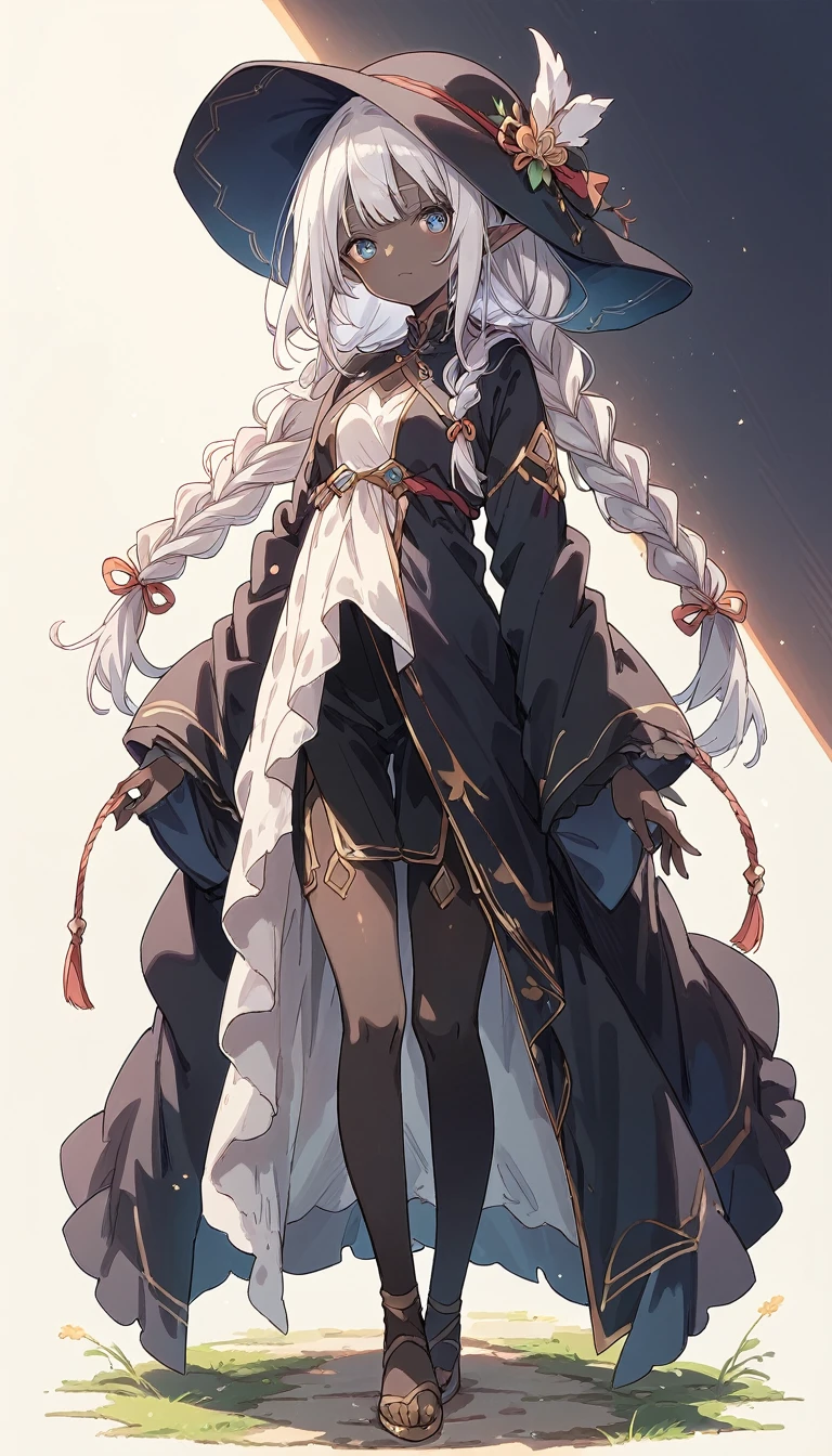 score_9, score_8_up, score_7_up, source_anime, full body, Dark Elf, Female, cute, (black skin:1.3), (Tall height:1.3), Small Breasts, Long Braids, Silver Hair, Pointed Hat, Robe, simple background