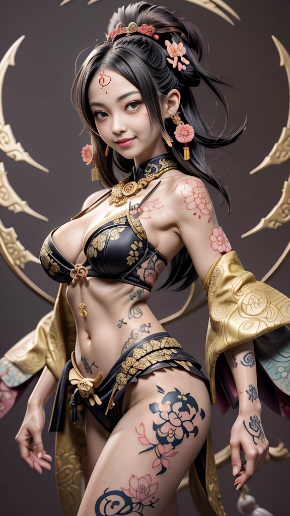 Japanese carving。Inspired by the first-generation carved lotus sculpture Yusei Shunguangsai Hoshu, Oriental tattoos, Traditional Japanese carving of a beautiful 18 year old girl,Dark brown short hair。breast enlargement,Small waist,slim body。toothy smile((Beautiful women’s ukiyo-e tattoos captivate people and express their souls。