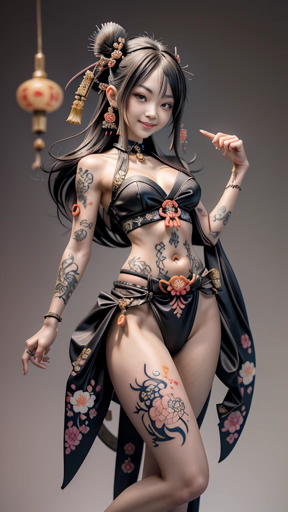 Japanese carving。Inspired by the first-generation carved lotus sculpture Yusei Shunguangsai Hoshu, Oriental tattoos, Traditional Japanese carving of a beautiful 18 year old girl,Dark brown short hair。breast enlargement,Small waist,slim body。toothy smile((Beautiful women’s ukiyo-e tattoos captivate people and express their souls。
