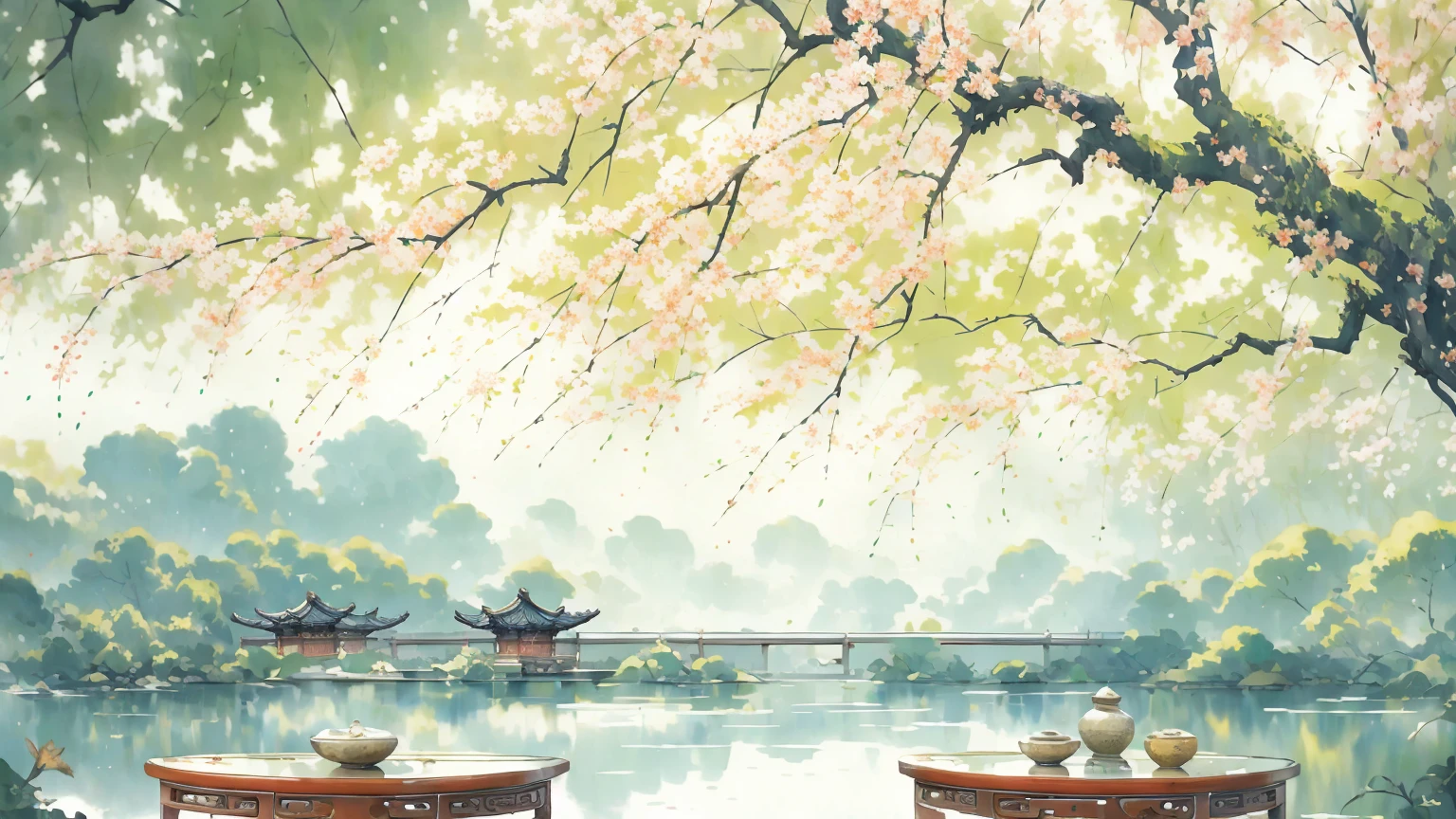 ancient style illustration chinese watercolor landscape painting watercolor willow river summer chinese landscape bare tree branch day flower leaf no human outdoors overgrown plants landscape tree tree water, Antique carved door beam, carved beam paintings, tables and chairs, potted plant, vase, porcelain, trees, flowers, masterpiece, recent quality, best details, beauty