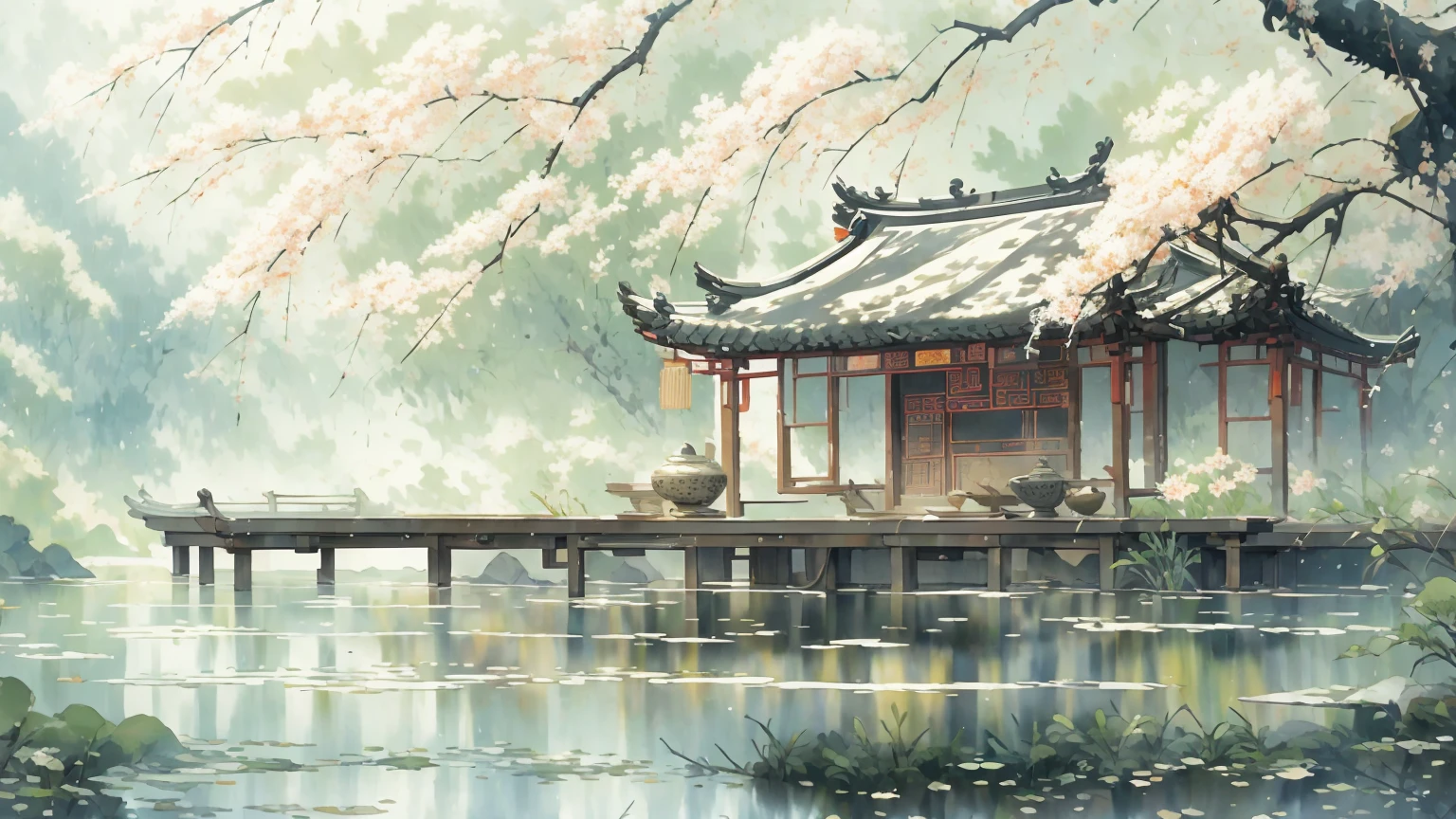 ancient style illustration chinese watercolor landscape painting watercolor willow river summer chinese landscape bare tree branch day flower leaf no human outdoors overgrown plants landscape tree tree water, Antique carved door beam, carved beam paintings, tables and chairs, potted plant, vase, porcelain, trees, flowers, masterpiece, recent quality, best details, beauty