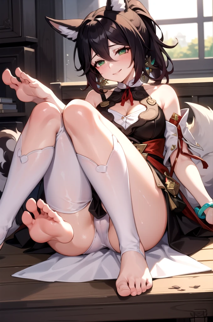 1girl, solo, (masterpiece, best quality:1.4), extremely detailed face, perfect lighting, tingyunhsr, green eyes, hair between eyes, ponytail, animal ears, fox tail, jewelry, dress, cleavage, bracelet, clothing cutout, cow((boy shot,lift one's legs,toes,both feet)),evil smile, 