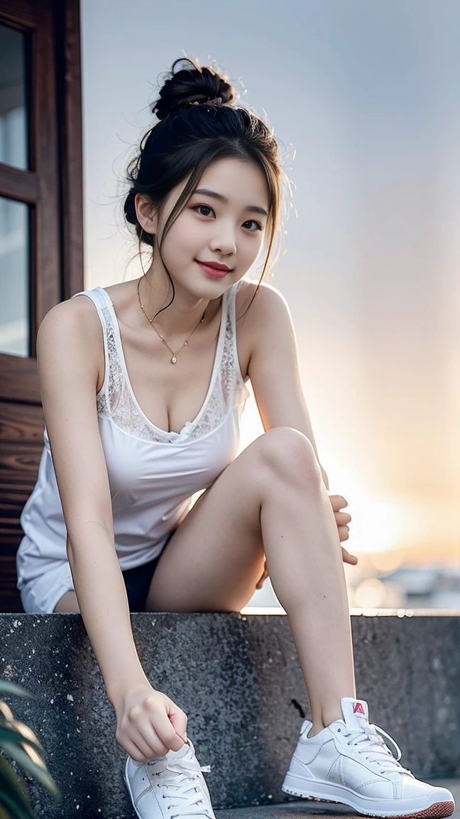 masterpiece, top quality, best quality,1girls,Korean, beautiful face, smile, long hair, 19 years old, Shift Dress, hills,(Casual Hairstyle, plum bossom:1.2), (Detailed white camisole short vest 1.1), Full body、Oval face,Phoenix Eyes,Eyebrow, full body view, sunset,White shoes (huge, saggy breast),(sexy pose),
