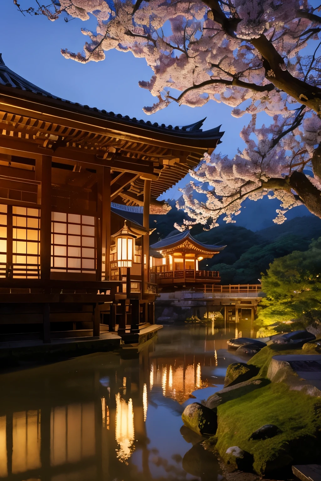A breathtaking view of Kiyomizu-dera Temple in Kyoto, bathed in the soft glow of twilight. The ancient wooden structure stands majestically against a backdrop of lush, verdant hills, with cherry blossoms in full bloom. Mist gently rises from the forest, creating an ethereal atmosphere. The temple’s iconic veranda, filled with visitors, offers a panoramic view of the city below, blending history and nature in a scene of serene beauty and profound tranquility.