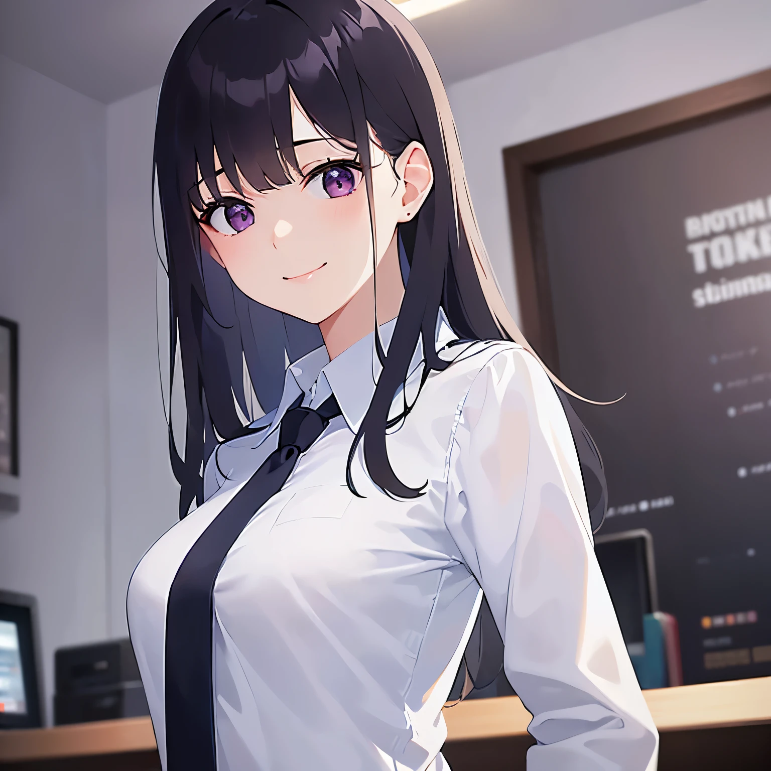 close-up,(looking at viewer:1.5),Looking up, Realistic, real person, (pale skin: 1.2), RAW photo, photorealistic, shiny skin, shiny hair、
(A 25-year-old woman with straight hair and bangs) and (medium hair) and (black hair) and (purple eyes) ,
(Wearing a business suit) and (Wearing a white collared shirt)、
(smile:1.5),Background is an office room、Alone、Are standing、