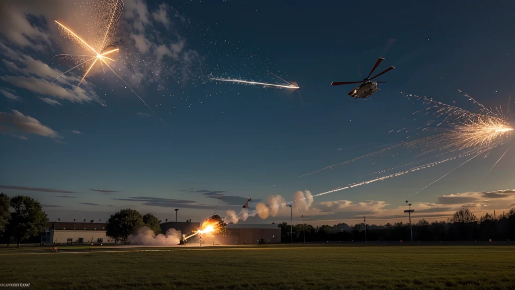 DRAW A PICTURE OF A FLYING HELICOPTER SHOOTING AT THE MILITARY HEADQUARTERS UNTIL IT EXPLODES