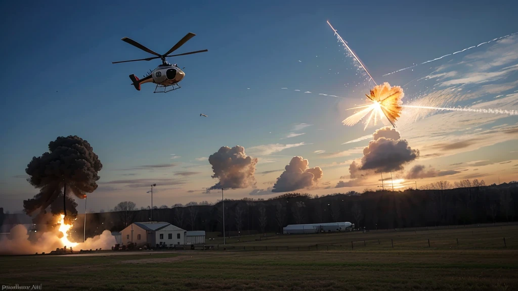 DRAW A PICTURE OF A FLYING HELICOPTER SHOOTING AT THE MILITARY HEADQUARTERS UNTIL IT EXPLODES