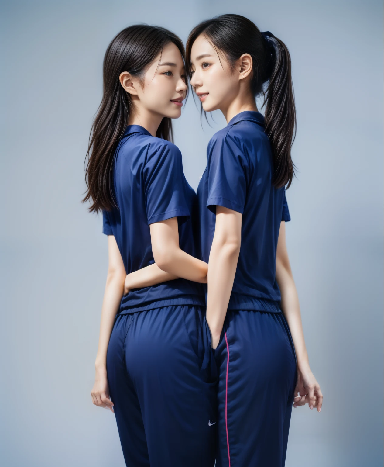 (best quality,10,10,height,Masterpiece:1.2),Special details,(realistic,ภาพrealistic,Realistic photos:1.37),1 Cute girl in the kitchen,shiny, ผิวshiny,only,smile softly,BDclothelue shirt:1.3)),short sleeve,shirt, กางเกงขาlong.,(navy_long_track pants:1.1), ((Kitchen Background)),Dynamic angle,excited,Face focus,dynamic poses,from behind,focus on ass,Masterpiece, best quality, ultra realistic, hyper detail, 8k resolution, raw photos, Sharp focus, ((Navy blue shirt:1.1)), short sleeve, เส้นทางlong, perfect body, 2 mature women, 18 years old, Cinema-grade lighting system,blue sweatpants,shirtผ้าออกกำลังกาย,correct ???????,perfect body, correct body, Sharp face, correct bodyทางกายวิภาค, full body, realistic gestures, long-haired, realistic poses,Wear long shorts...........................,ช่วงขาlong,Good shape,carved girl, Slender figure, model, Good shape, beautiful body,blue sweatpants, two girls kissing