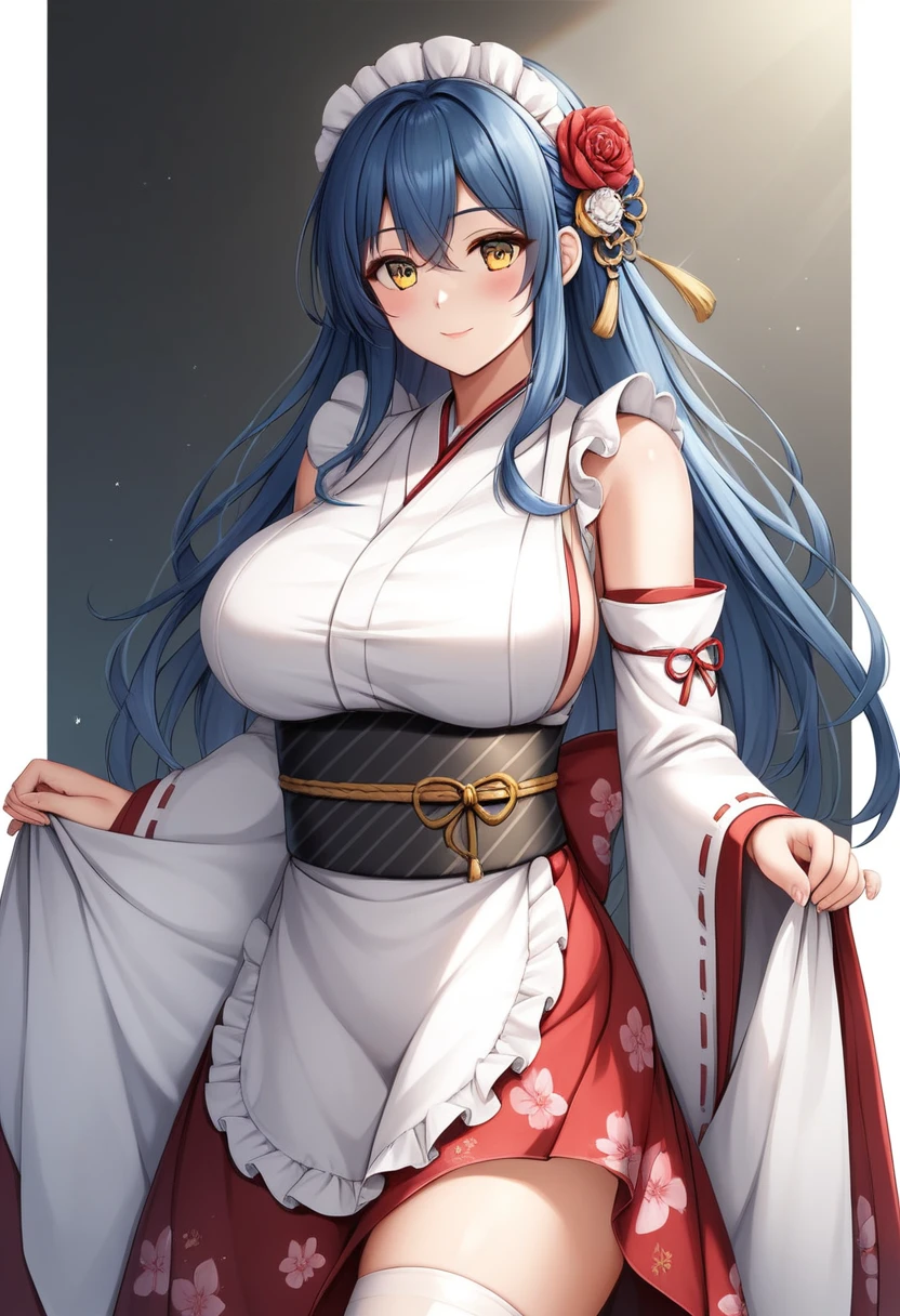 NSFW,masterpiece,Highest quality,High resolution,Super detailed,dawn_\(pokemon\),blue eyes, Blue Hair, Long Hair, Side Lock, Hair Clip,High-quality yukata,Embarrassed,blush,Inn at night,Japanese-style room,tatami,futon,(Middle-aged men),A man puts his hands on her waist and hugs her