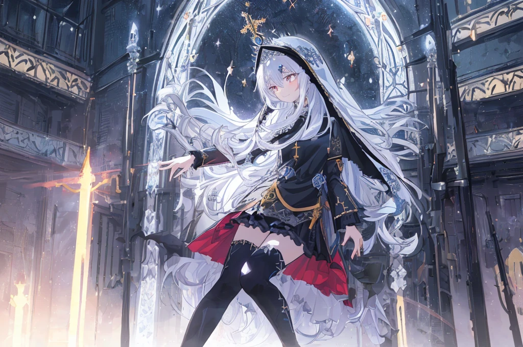 [(cathedral background:1.4)::5],Original,(Illustration:1.1),(Best Quality),(masutepiece:1.1),(the Extremely Detailed CG Unity 8K Wallpapers:1.1), (Colorful:0.9),(mid-shot:0.95),(upper body:1.5),Dynamic Angle,(Solo:1.2), (girl),(((Adult))), (Detailed beautiful eyes:1.15), (Beautiful face:1.15), (Glowing black eyes:1.25////),(Blue Long Hair),(nun headdress),(+perfect hand+:1.21),(Draw an illustration of a Holy Knight Wizard),(Religious),(slender),(she has boots on her feet),((I'm wearing black knee-high socks)),Smile,(Ruffled miniskirt with metal embellishments),beautiful slender adult,((theater background)),dynamic pose,dynamic angle,
