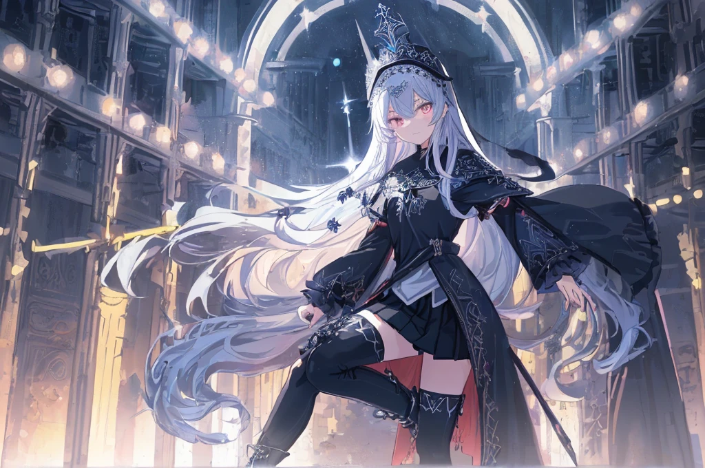 [(cathedral background:1.4)::5],Original,(Illustration:1.1),(Best Quality),(masutepiece:1.1),(the Extremely Detailed CG Unity 8K Wallpapers:1.1), (Colorful:0.9),(mid-shot:0.95),(upper body:1.5),Dynamic Angle,(Solo:1.2), (girl),(((Adult))), (Detailed beautiful eyes:1.15), (Beautiful face:1.15), (Glowing black eyes:1.25////),(Blue Long Hair),(nun headdress),(+perfect hand+:1.21),(Draw an illustration of a Holy Knight Wizard),(Religious),(slender),(she has boots on her feet),((I'm wearing black knee-high socks)),Smile,(Ruffled miniskirt with metal embellishments),beautiful slender adult,((theater background)),dynamic pose,dynamic angle,