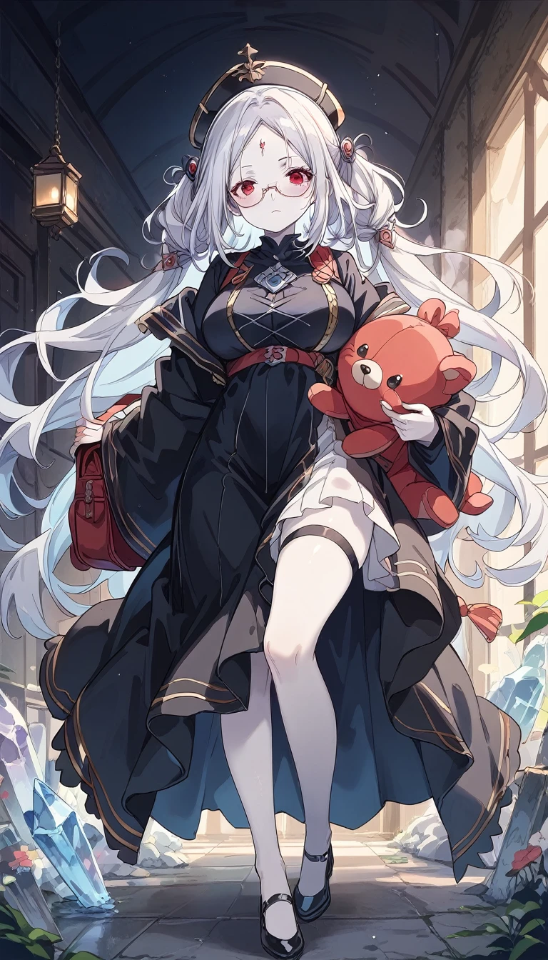 score_9, score_8_up, score_7_up, source_アニメ, full body, simple background, woman, Crystal on forehead, Silver Hair, White skin, Red Eyes, Large Breasts, Black Robe, Black pointy hat, Black-rimmed glasses, Carrying a stuffed animal backpack, Big lantern in hand, Frightened expression, Downcast,Gloomy