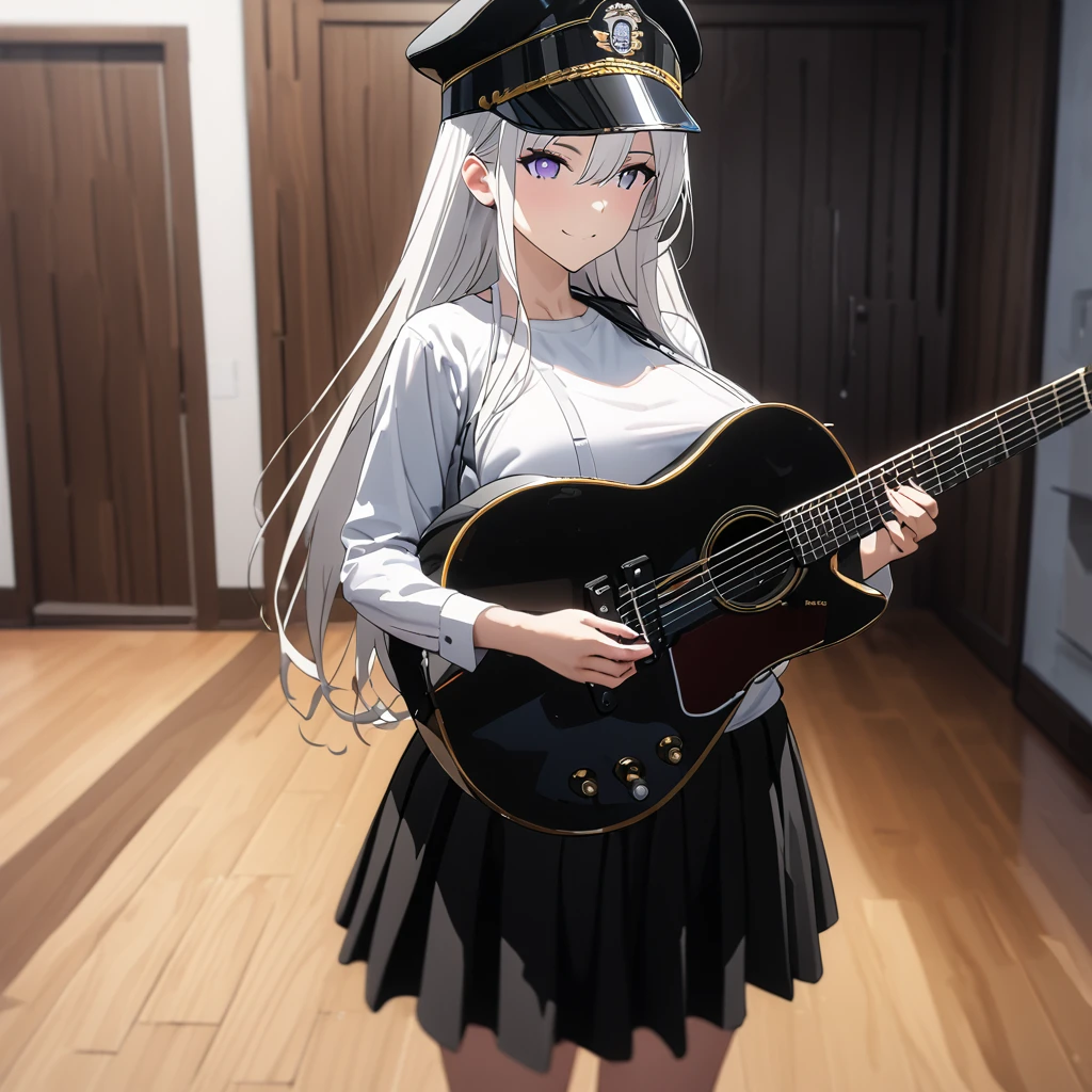 A woman wearing a casual white shirt with a guitar design on the shirt, wearing a black skirt, holding a black guitar in her hands, wearing sunglasses, white hair, long hair, big breasts, standing in a room of a modern house, wooden floor, white wall, purple eyes, smiling, wearing a military hat..(solo woman) ,UHD , prime work , accurate , anatomically correct , textured skin , super details , high quality , best quality, 8k, high resolution, bokeh effect, close view,
