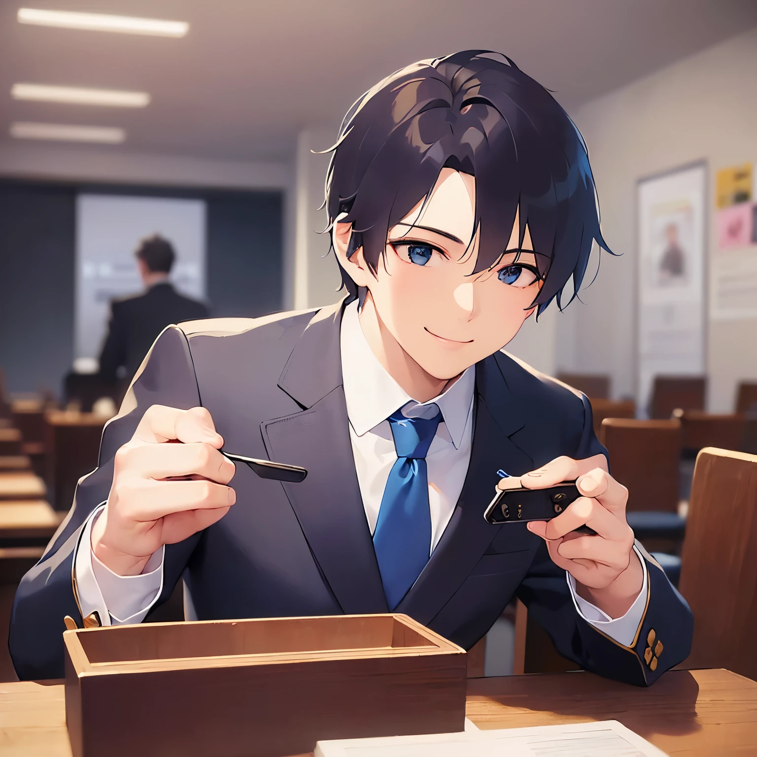 side angle, (looking away:1.5), upper body、thumbs up、
masterpiece、Highest quality、
(25-year-old male:1.5) and(Black short hair) and (blue eyes),
(suit:1.5) and (Blue tie)(suit:1.5) and (Blue tie)、
(smile:1.5), The background is the conference room、(Alone:1.5)、Upper body is shown