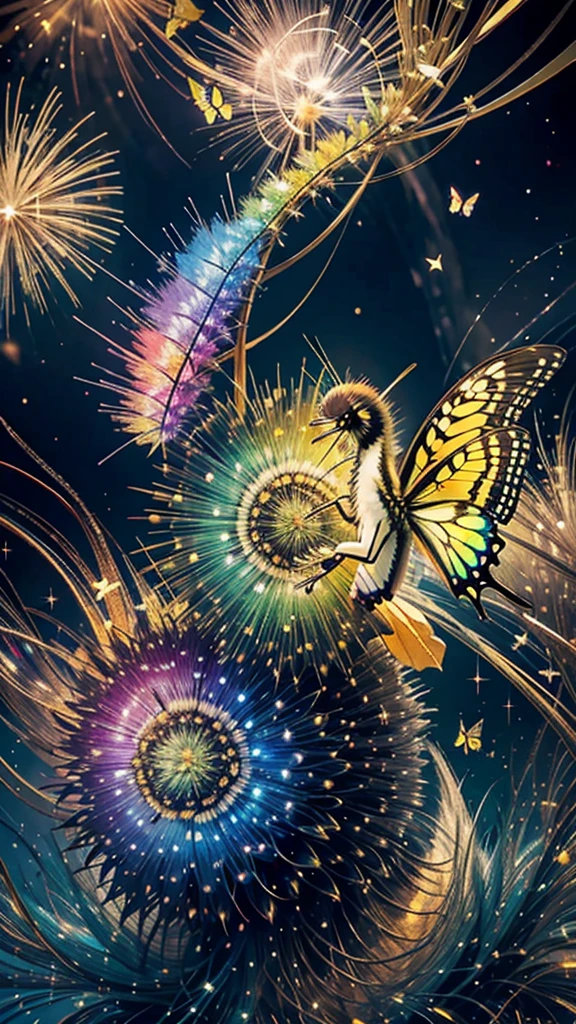 Swallowtail butterfly、Surrounded by butterflieysterious Landscape、firework、firework大会、Rainbow colorsのfireworkが打ちあがっている瞬間、夜nullとともに、サイバーパンクな景色で壮大なfirework、future都市、Highest quality、masterpiece, (Diffuse reflection of light:1.2), When the fantastic rainbow turns into shadow, bathed in a mystical atmosphere.Swallowtail butterflyたちも見ています, Cast magic spells. evoke a sense of wonder and awe. A fusion of natural grandeur and magic, Weaving dreams into reality. Behold, null, And the unknown, Fleeting、And an eternal moment, 16K, Ultra-high resolution.Realistic, Ultra-high resolution, to be born,future、Rainbow colorsに光り輝く、Rainbow colors、The world 30 years from now。