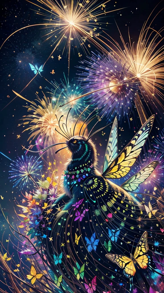 Swallowtail butterfly、Surrounded by butterflieysterious Landscape、firework、firework大会、Rainbow colorsのfireworkが打ちあがっている瞬間、夜nullとともに、サイバーパンクな景色で壮大なfirework、future都市、Highest quality、masterpiece, (Diffuse reflection of light:1.2), When the fantastic rainbow turns into shadow, bathed in a mystical atmosphere.Swallowtail butterflyたちも見ています, Cast magic spells. evoke a sense of wonder and awe. A fusion of natural grandeur and magic, Weaving dreams into reality. Behold, null, And the unknown, Fleeting、And an eternal moment, 16K, Ultra-high resolution.Realistic, Ultra-high resolution, to be born,future、Rainbow colorsに光り輝く、Rainbow colors、The world 30 years from now。