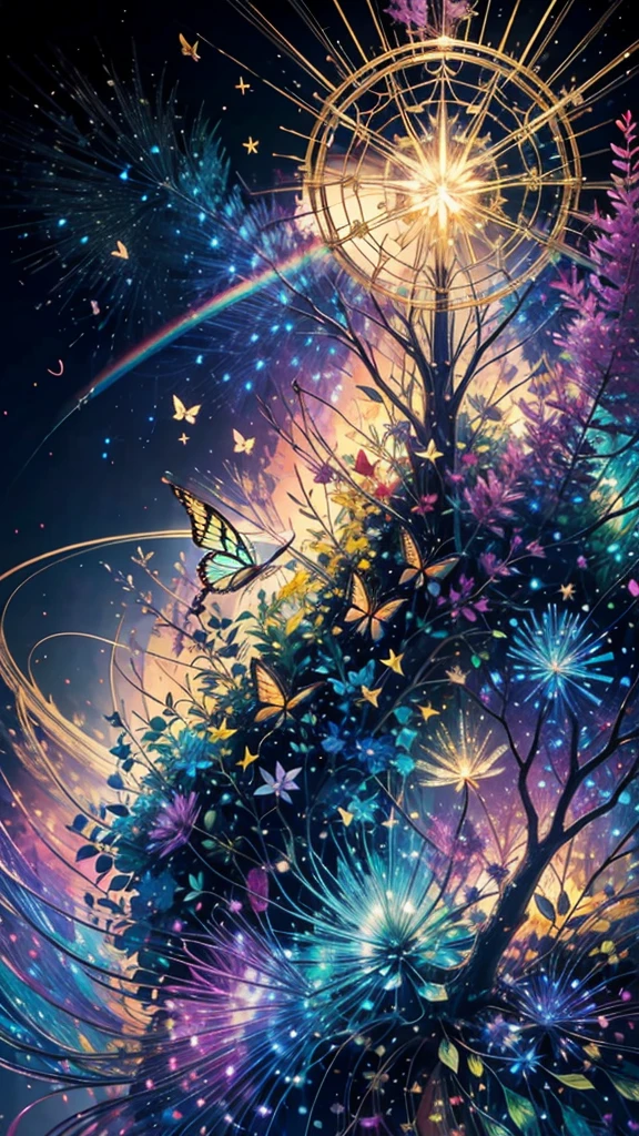 Swallowtail butterfly、Surrounded by butterflieysterious Landscape、firework、firework大会、Rainbow colorsのfireworkが打ちあがっている瞬間、夜nullとともに、サイバーパンクな景色で壮大なfirework、future都市、Highest quality、masterpiece, (Diffuse reflection of light:1.2), When the fantastic rainbow turns into shadow, bathed in a mystical atmosphere.Swallowtail butterflyたちも見ています, Cast magic spells. evoke a sense of wonder and awe. A fusion of natural grandeur and magic, Weaving dreams into reality. Behold, null, And the unknown, Fleeting、And an eternal moment, 16K, Ultra-high resolution.Realistic, Ultra-high resolution, to be born,future、Rainbow colorsに光り輝く、Rainbow colors、The world 30 years from now。