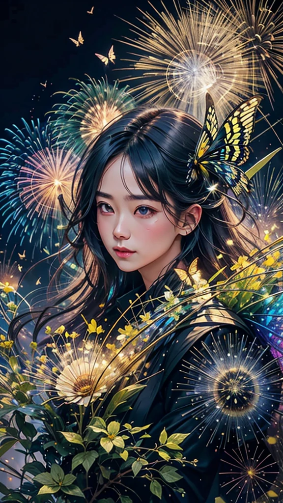 Swallowtail butterfly、Surrounded by butterflieysterious Landscape、firework、firework大会、Rainbow colorsのfireworkが打ちあがっている瞬間、夜nullとともに、サイバーパンクな景色で壮大なfirework、future都市、Highest quality、masterpiece, (Diffuse reflection of light:1.2), When the fantastic rainbow turns into shadow, bathed in a mystical atmosphere.Swallowtail butterflyたちも見ています, Cast magic spells. evoke a sense of wonder and awe. A fusion of natural grandeur and magic, Weaving dreams into reality. Behold, null, And the unknown, Fleeting、And an eternal moment, 16K, Ultra-high resolution.Realistic, Ultra-high resolution, to be born,future、Rainbow colorsに光り輝く、Rainbow colors、The world 30 years from now。