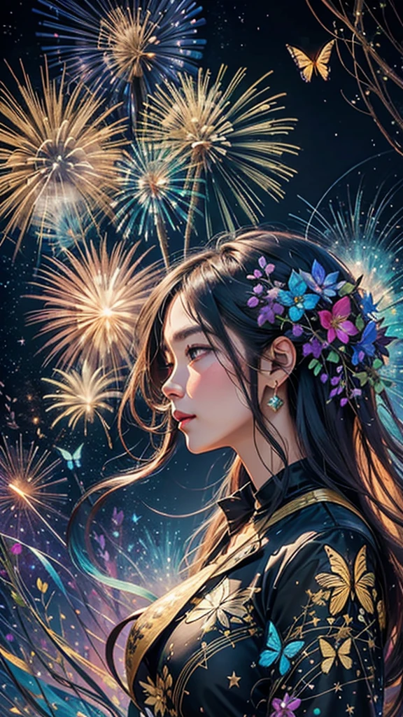 Swallowtail butterfly、Surrounded by butterflieysterious Landscape、firework、firework大会、Rainbow colorsのfireworkが打ちあがっている瞬間、夜nullとともに、サイバーパンクな景色で壮大なfirework、future都市、Highest quality、masterpiece, (Diffuse reflection of light:1.2), When the fantastic rainbow turns into shadow, bathed in a mystical atmosphere.Swallowtail butterflyたちも見ています, Cast magic spells. evoke a sense of wonder and awe. A fusion of natural grandeur and magic, Weaving dreams into reality. Behold, null, And the unknown, Fleeting、And an eternal moment, 16K, Ultra-high resolution.Realistic, Ultra-high resolution, to be born,future、Rainbow colorsに光り輝く、Rainbow colors、The world 30 years from now。