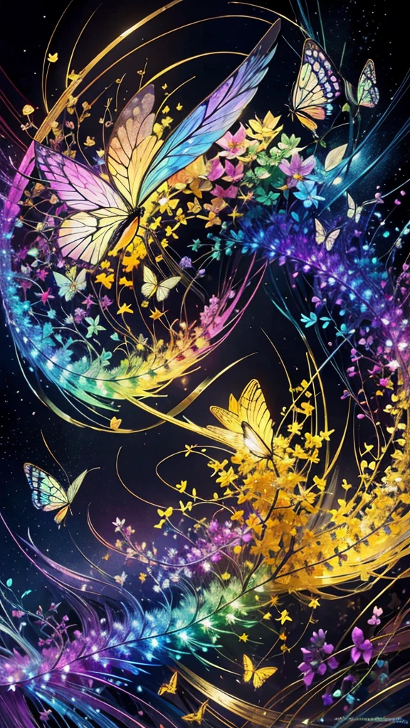 Swallowtail butterfly、Surrounded by butterflieysterious Landscape、firework、firework大会、Rainbow colorsのfireworkが打ちあがっている瞬間、夜nullとともに、サイバーパンクな景色で壮大なfirework、future都市、Highest quality、masterpiece, (Diffuse reflection of light:1.2), When the fantastic rainbow turns into shadow, bathed in a mystical atmosphere.Swallowtail butterflyたちも見ています, Cast magic spells. evoke a sense of wonder and awe. A fusion of natural grandeur and magic, Weaving dreams into reality. Behold, null, And the unknown, Fleeting、And an eternal moment, 16K, Ultra-high resolution.Realistic, Ultra-high resolution, to be born,future、Rainbow colorsに光り輝く、Rainbow colors、The world 30 years from now。