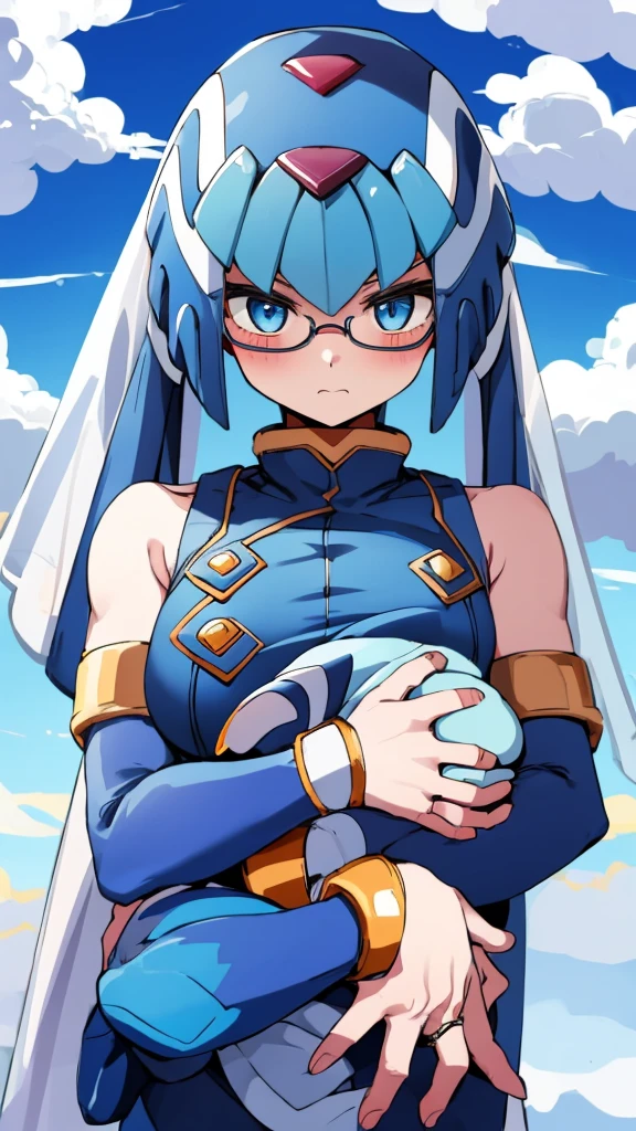 Leviathan_Megamanz, 1 Girl ,Looking at the viewer , blue hair, Blue eyes,marriage altar background , Blushed, Wedding ring, Wedding Dress, Glasses, Holding a baby girl in hands 