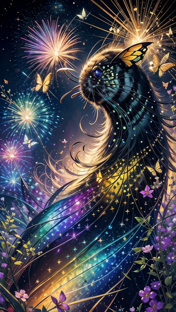 Swallowtail butterfly、Surrounded by butterflieysterious Landscape、firework、firework大会、Rainbow colorsのfireworkが打ちあがっている瞬間、夜nullとともに、サイバーパンクな景色で壮大なfirework、future都市、Highest quality、masterpiece, (Diffuse reflection of light:1.2), When the fantastic rainbow turns into shadow, bathed in a mystical atmosphere.Swallowtail butterflyたちも見ています, Cast magic spells. evoke a sense of wonder and awe. A fusion of natural grandeur and magic, Weaving dreams into reality. Behold, null, And the unknown, Fleeting、And an eternal moment, 16K, Ultra-high resolution.Realistic, Ultra-high resolution, to be born,future、Rainbow colorsに光り輝く、Rainbow colors、The world 30 years from now。