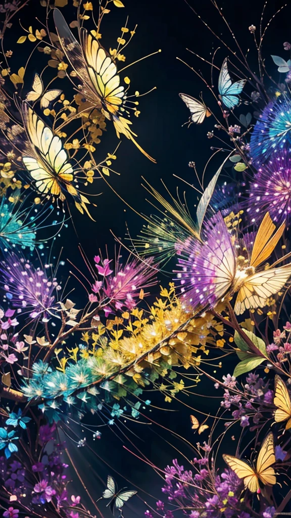 Swallowtail butterfly、Surrounded by butterflieysterious Landscape、firework、firework大会、Rainbow colorsのfireworkが打ちあがっている瞬間、夜nullとともに、サイバーパンクな景色で壮大なfirework、future都市、Highest quality、masterpiece, (Diffuse reflection of light:1.2), When the fantastic rainbow turns into shadow, bathed in a mystical atmosphere.Swallowtail butterflyたちも見ています, Cast magic spells. evoke a sense of wonder and awe. A fusion of natural grandeur and magic, Weaving dreams into reality. Behold, null, And the unknown, Fleeting、And an eternal moment, 16K, Ultra-high resolution.Realistic, Ultra-high resolution, to be born,future、Rainbow colorsに光り輝く、Rainbow colors、The world 30 years from now。