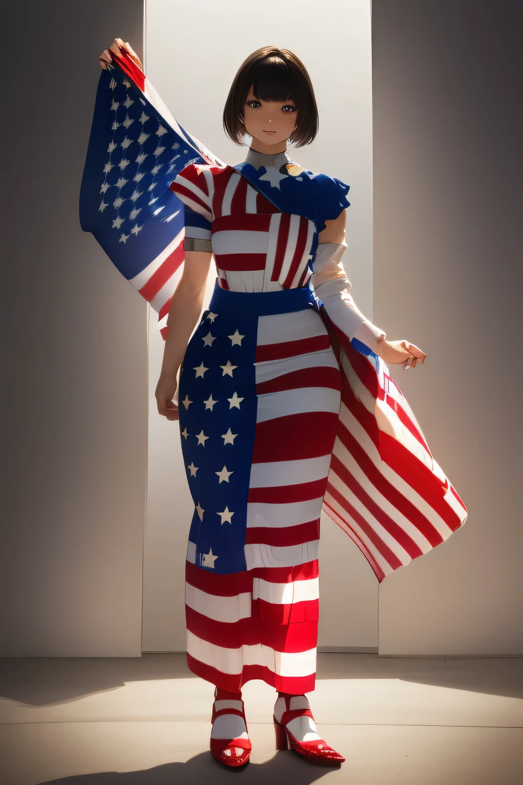 (((Costume inspired by the American flag:1.3))),(((Woman in men's clothing:1.3))),(Stars and Stripes),(masterpiece,Highest quality,Ultra-high resolution output images,Write boundary depth,Intricate details,Adding dimension to your subject with the contrast of light and shadow,Anatomically correct facial structure),(Picture Mode Ultra HD,)