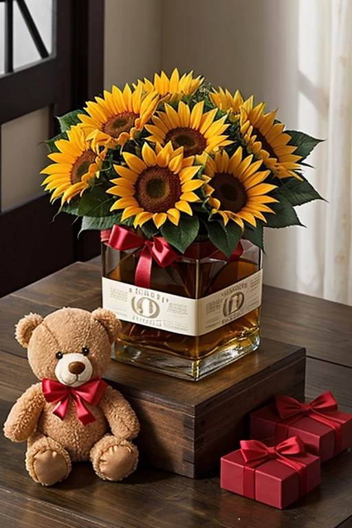 Details, square box, whisky, 3 sunflowers, peaches, chocolates, Teddy bear, a rose a red bow,