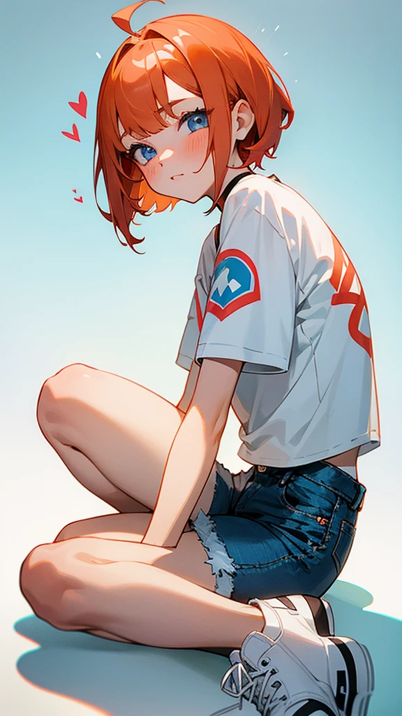 girl, fair skin, ginger short hair, bangs on the side of her head, blue eyes, blush on her cheeks, white choker with a heart, black T-shirt with a white print, short denim shorts, white sneakers, a wh